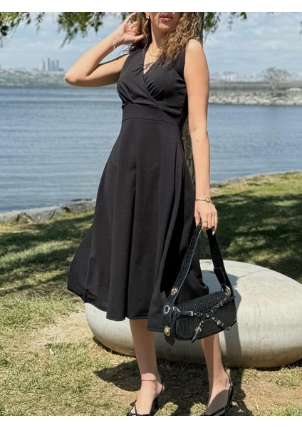 Mottisfashion Kadın Ithal Krep Kumaş Kruvaze Yaka Eteği Kloş Kolsuz Mini Elbise indirimleri