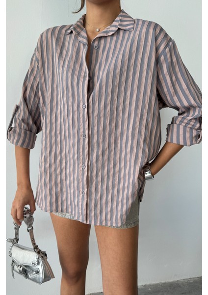 Mottisfashion Çizgili Gömlekketen - Antrasit fiyatları