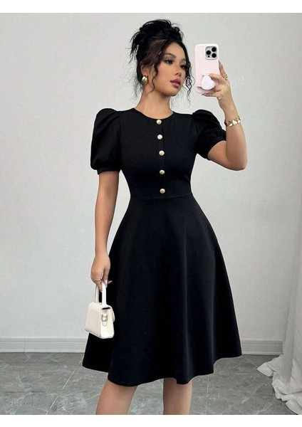 Mottisfashion Kadın Kısa Kollu Bisiklet Yaka Önden Düğmeli Ithal Krep Elbise