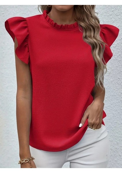 Mottisfashion Kadın Kısa Kollu Fırfır Yakalı Bürümcük Bluz