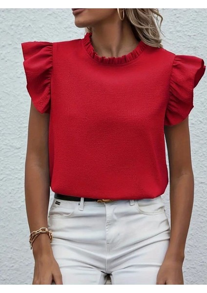 Mottisfashion Kadın Kısa Kollu Fırfır Yakalı Bürümcük Bluz