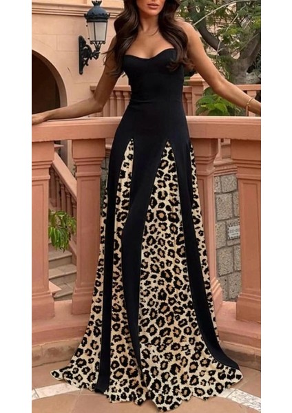 Mottisfashion Kadın Dalgıç Kumaş Leopar Desenli Kloş Elbise