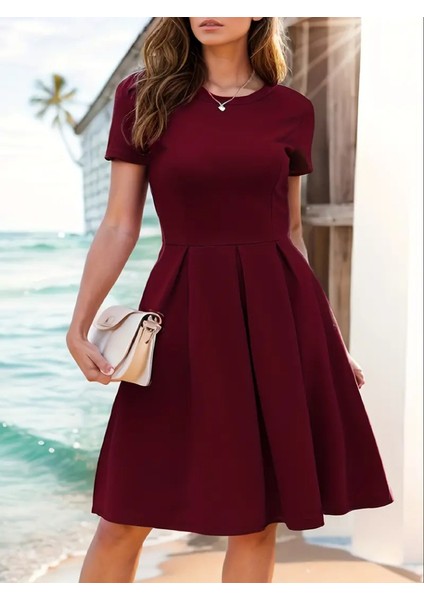 Mottisfashion Kadın Kısa Kollu Bisiklet Yaka Önden Pile Detaylı Janjan Krep Elbise