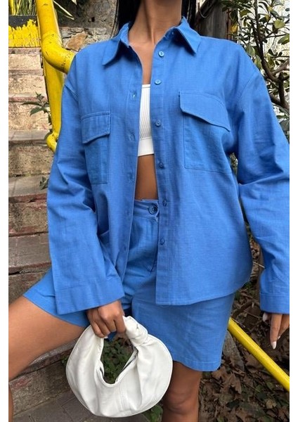 Mottisfashion Gömlek ve Şort Flamlı Keten Takım 10130