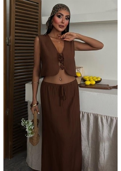 Mottisfashion Yelek Önden Bağlamalı Uzun Etekli Takım 10192 fiyatları