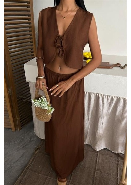 Mottisfashion Yelek Önden Bağlamalı Uzun Etekli Takım 10192
