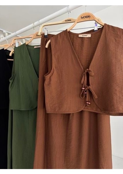 Mottisfashion Yelek Önden Bağlamalı Uzun Etekli Takım 10192