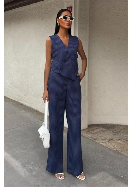 Mottisfashion Yeleği Çapraz Detay Düğmeli Cepli Yelekli Takım 10150