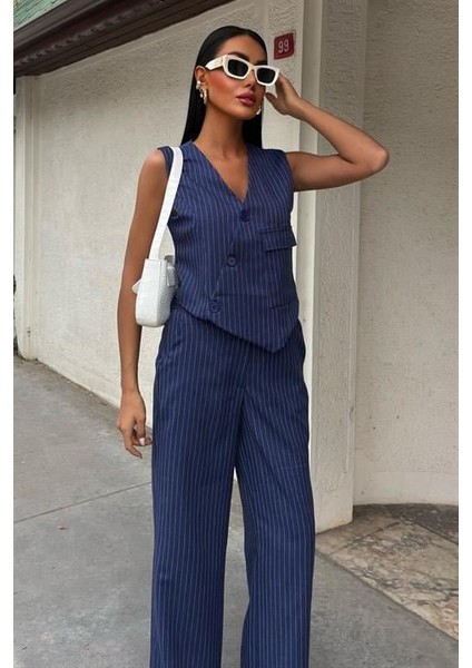 Mottisfashion Yeleği Çapraz Detay Düğmeli Cepli Yelekli Takım 10150