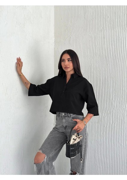 Mottisfashion Crop Yakalı Gömlek Üç Çeyrek Sleeve Kol - Siyah