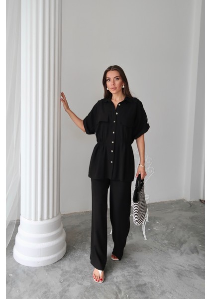 Mottisfashion Keten Belden Büzgü Detaylı Gömlek - Pantolon Takım - Siyah
