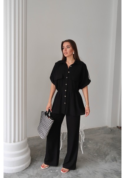 Mottisfashion Keten Belden Büzgü Detaylı Gömlek - Pantolon Takım - Siyah modelleri