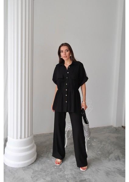 Mottisfashion Keten Belden Büzgü Detaylı Gömlek - Pantolon Takım - Siyah fırsatları