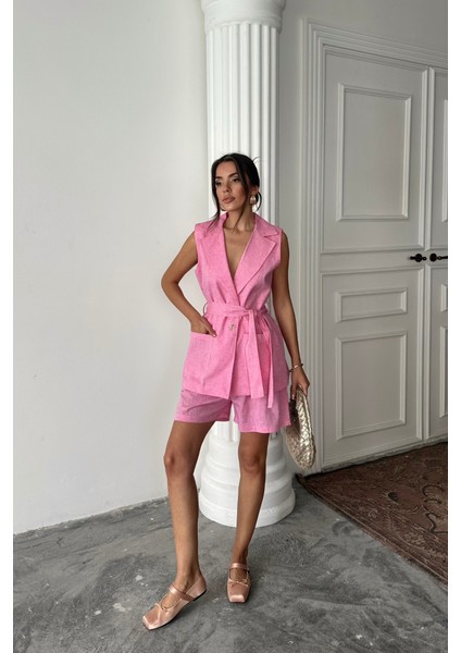 Mottisfashion Keten Yelek - Şort Takım - Pembe