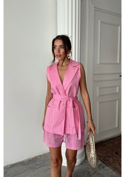Mottisfashion Keten Yelek - Şort Takım - Pembe fiyatları