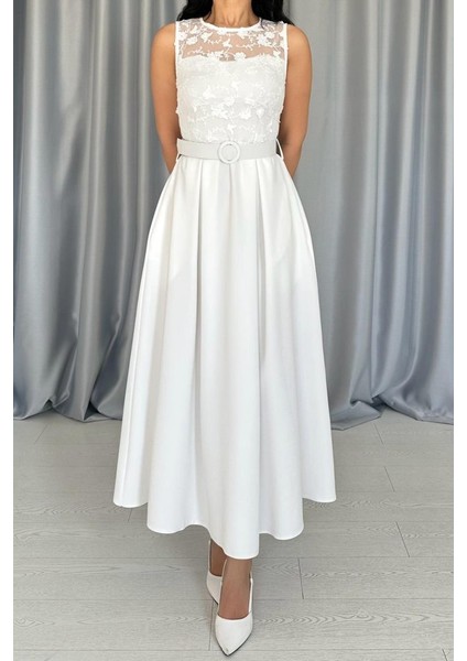 Mottisfashion Beyaz Önü Dantel Detaylı Kemerli Elbise modelleri