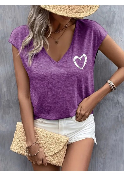 Mottisfashion Kadın Kısa Kollu V Yakalı Kalp Baskılı Viskon Bluz modelleri