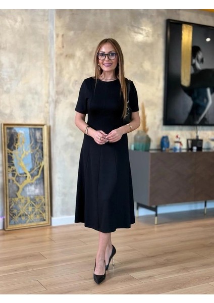 Mottisfashion Kadın Kısa Kollu Bisiklet Yaka Midi Viskon Iki Iplik Elbise modelleri