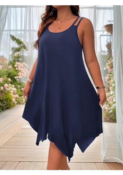 Mottisfashion Kadın Askılı Yuvarlak Asimetrik Kesim Detaylı Viskon Elbise