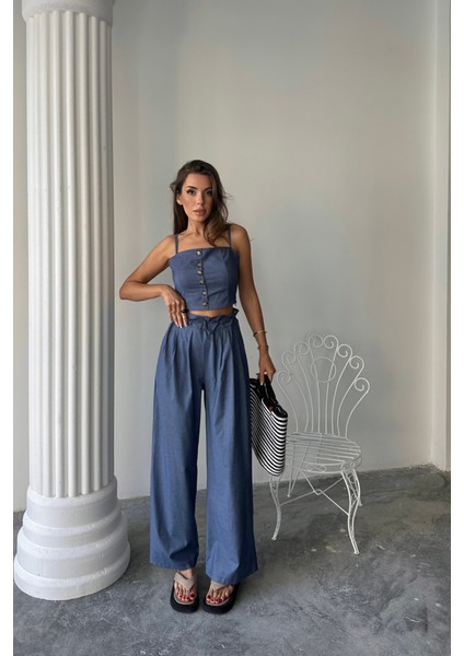 Mottisfashion Tencel Crop Askılı Bluz - Şalvar Pantolon Tk - Indigo fırsatları