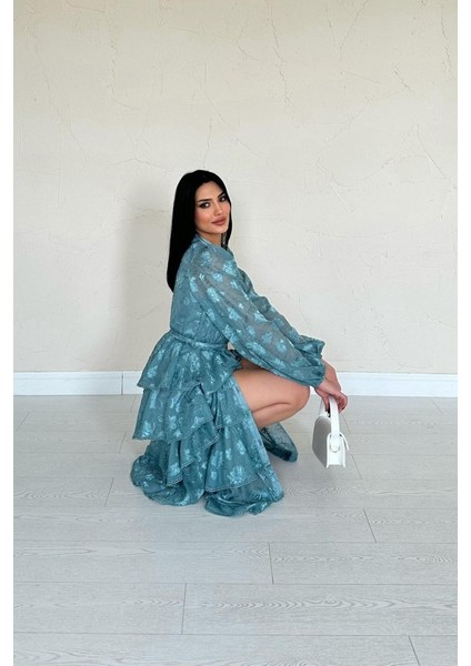 Mottisfashion Mint Valonlu Şeritli Kat Kat Elbise fırsatları