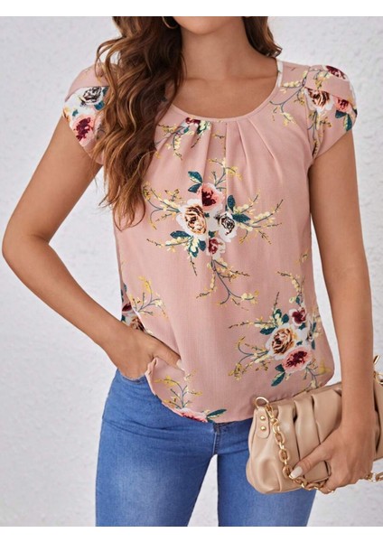Mottisfashion Kadın Kısa Kollu Bisiklet Yaka Çiçek Baskılı Süprem Bluz