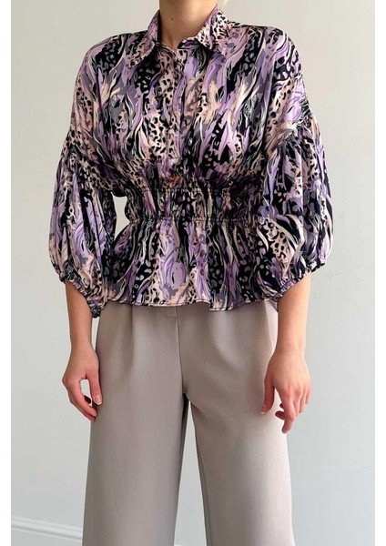 Mottisfashion Beli Lastikli Saten Gömlek - Lila fiyatları