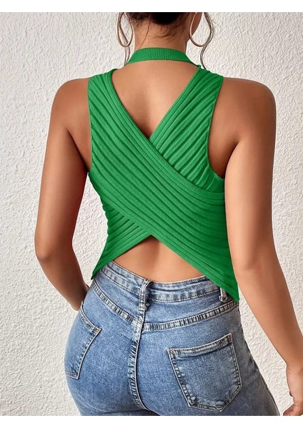Mottisfashion Kadın Sıfır Kol Sırt Çapraz Detay Triko Bluz