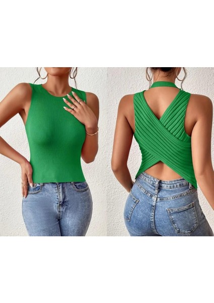 Mottisfashion Kadın Sıfır Kol Sırt Çapraz Detay Triko Bluz
