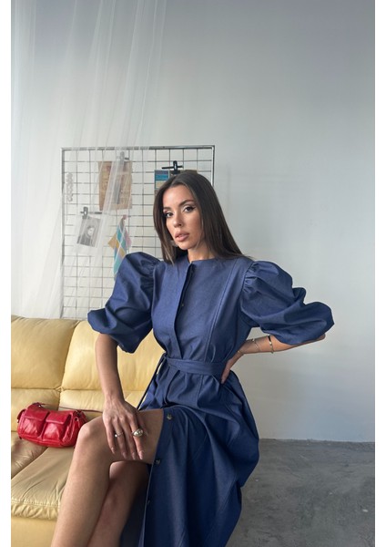 Mottisfashion Tencel Karpuz Kol Elbise - Indigo fırsatları