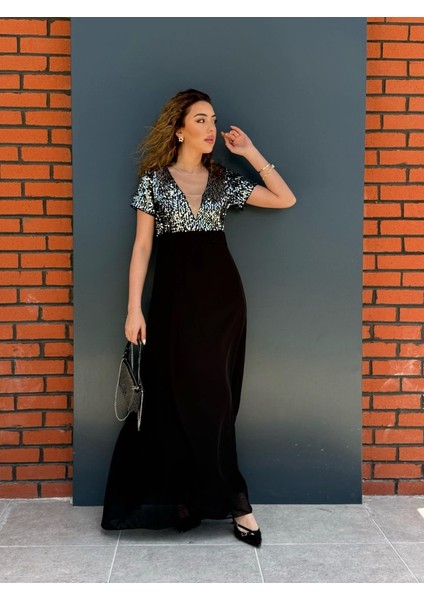 Mottisfashion Kadın Kısa Kollu Derin V Yakalı A Kesim Pulpayet Detaylı Şifon Nedime Elbisesi