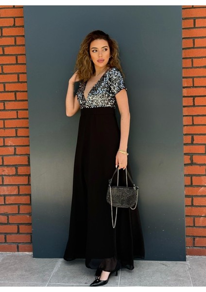 Mottisfashion Kadın Kısa Kollu Derin V Yakalı A Kesim Pulpayet Detaylı Şifon Nedime Elbisesi fiyatları