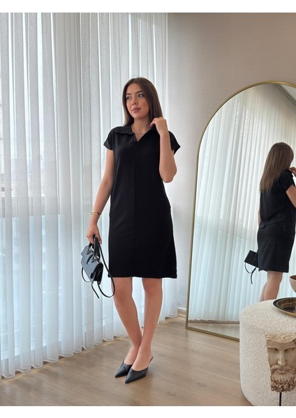 Mottisfashion Kadın Kısa Kollu Yakalı Viskon Iki Iplik Elbise