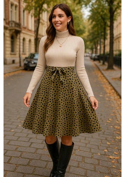 Mottisfashion Kadın Uzun Kollu Balıkçı Yaka Belden Bağlamalı Üst Kaşkorse Eteği Dalgıç Elbise