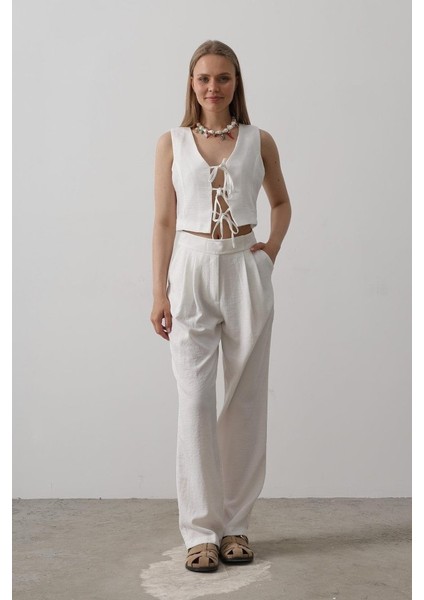 Mottisfashion Bağlamalı Yelek - Beyaz