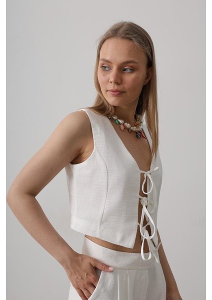 Mottisfashion Bağlamalı Yelek - Beyaz modelleri