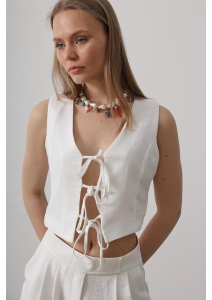 Mottisfashion Bağlamalı Yelek - Beyaz fırsatları