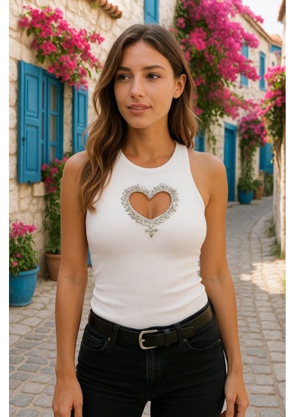 Mottisfashion Kadın Kolsuz Kalp Dekolteli Taş Detaylı Kaşkorse Bluz