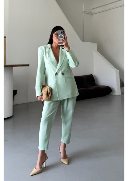 Mottisfashion Keten Ceket - Pantolon Takım - Mint