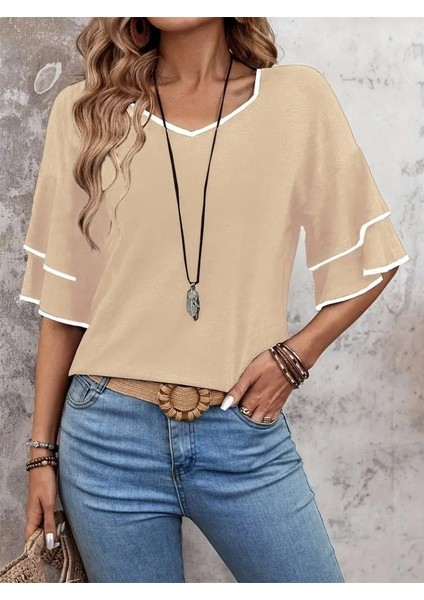 Mottisfashion Kadın Kısa Kollu V Yakalı Viskon Bluz