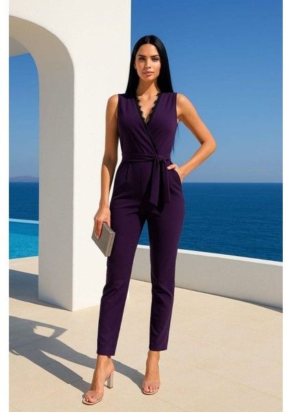 Mottisfashion Kadın Kruvaze Yaka Dantel Güpür ve Kuşak Detay Tulum