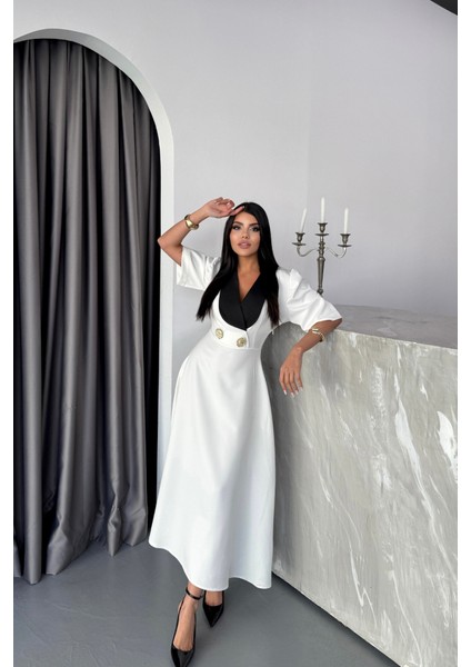 Mottisfashion Tasarım Elbise Ceket Yaka Gold Düğme Detaylı Kısa Kol - Beyaz