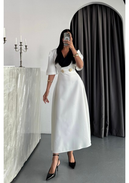 Mottisfashion Tasarım Elbise Ceket Yaka Gold Düğme Detaylı Kısa Kol - Beyaz modelleri