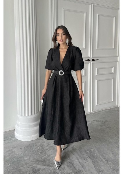 Mottisfashion Siyah Işıltılı Kemerli Kruvaze Elbise