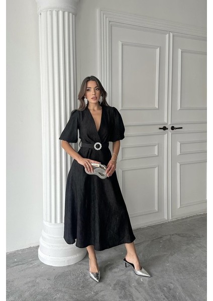 Mottisfashion Siyah Işıltılı Kemerli Kruvaze Elbise fırsatları
