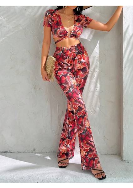 Mottisfashion Kadın Kısa Kollu Desenli Takım