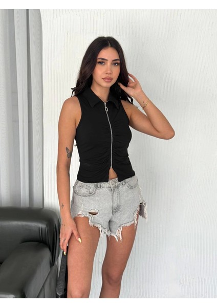 Mottisfashion Yakalı Tam Fermuarlı Kolsuz Bluz - Siyah modelleri