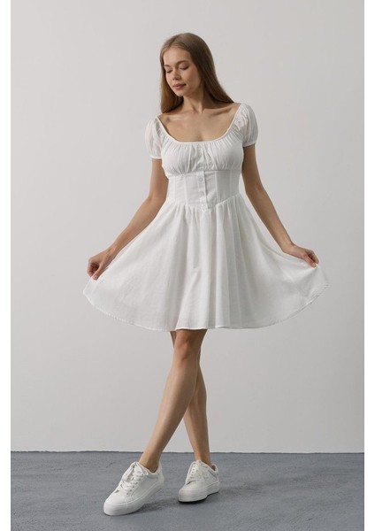 Mottisfashion Beli Korseli Mini Elbise - Beyaz fiyatları