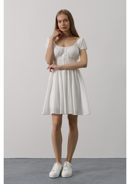 Mottisfashion Beli Korseli Mini Elbise - Beyaz modelleri