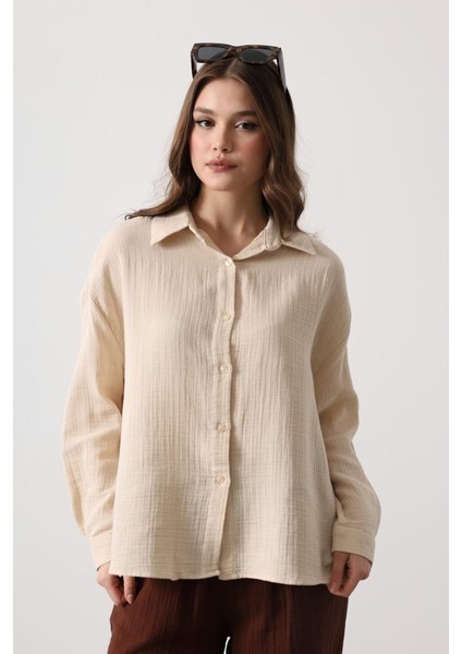 Mottisfashion Müslin Uzun Kol Gömlek - Bej